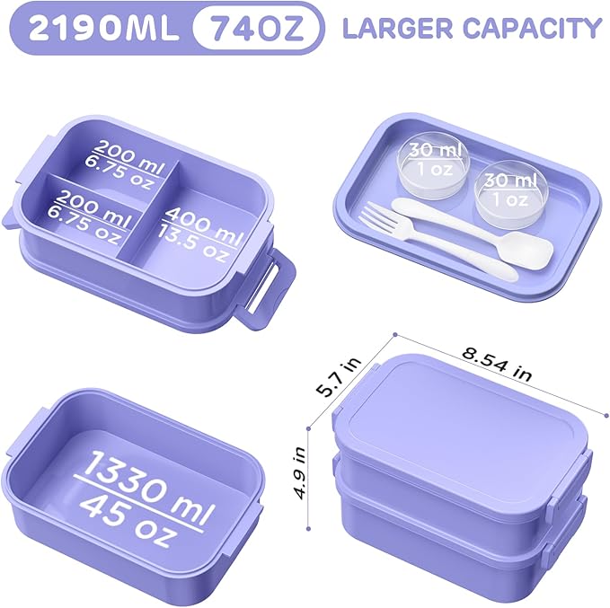 Lunch Box Adults Bento Box - 74 OZ All-in-One Stackable Lunch Box Containers for Adult Large Bento Box with Fork Spoon Sauce Boxes, Leakproof Lunchbox for Work School Dining Out,Macaron-Color