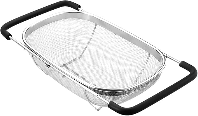 Fine Mesh Colander Over The Sink 6 Quart Stainless Steel Strainer Basket & Expandable Rubber Grip Handles - Strain, Drain, Rinse Fruits, Vegetables