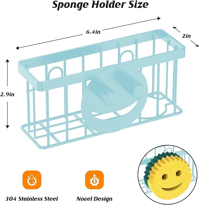 Sponge Holder Smiley Face,Sink Caddy for Kitchen Sink,Sponge Holder with 2 PCS Suction Cups/1 PCS Adhesive Strips,Designed for Sponge,Soap,Dish Brush,Scrubber-Blue