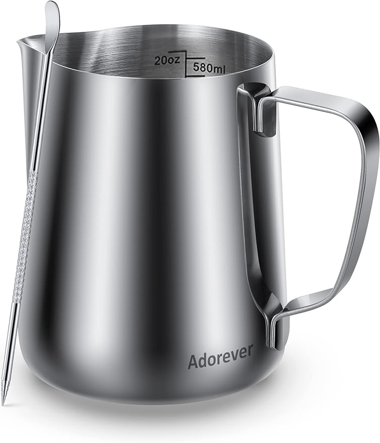 Milk Frothing Pitcher, 20oz Steaming Pitcher Stainless Steel Espresso Machine Accessories for Coffee Bar, Cappuccino Barista Tools Milk Jug Steamer Frother Cup with Decorating Latte Art Pen