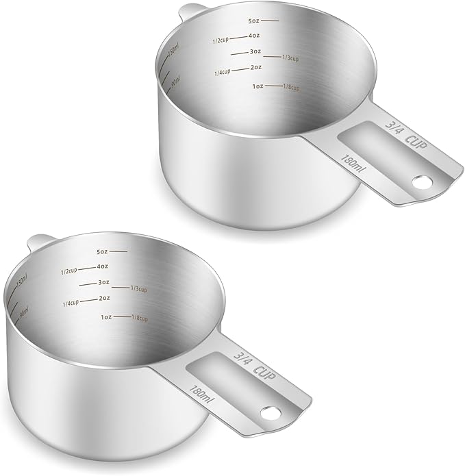 2PCS 3/4Cup (180ml, 6oz) Single Measuring Cup, Etched Inner Scale Stainless Steel Measure Scoop, Metric and US Measurement, Dishwasher Safe