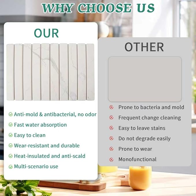 Stone Dish Drying Mat for Kitchen Counter, 24''×15'' Dishes Drying Matt Kitchen Counter, Absorbent Diatomaceous Earth Bath Quick Dry Mats for Tableware, Bottles and Cup(White Marble)