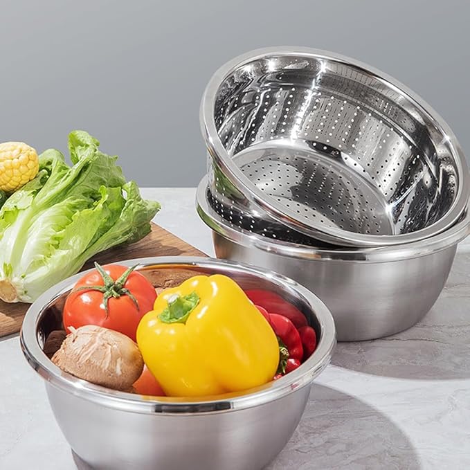 Germany Multifunctional Stainless Steel Basin, 3 in 1 Vegetable Grater Julienne Slicer Stainless Steel Colander, Fruit Slicer for Kitchen Vegetable Slicer Grater Strainer Drain Basket (10.2in, Silver)