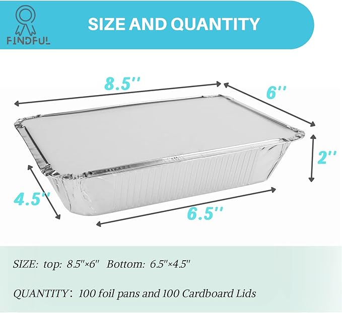 100 Pack Aluminum Foil Pans Disposable - 8.5"×6"×2" Foil Food Containers with Lids - 2.25 LB Heavy Duty Tin Foil Pans - for Cooking, Baking, Meal Prep and Freezer