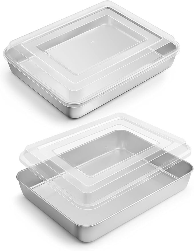 E-far Small Baking Pan with Lid, 9.4”x 7” x 2” Stainless Steel Rectangle Sheet Cake Pans for Toaster Oven, Metal Covered Bakeware for Cakes Brownies Casseroles, Non-toxic & Dishwasher Safe - Set of 2