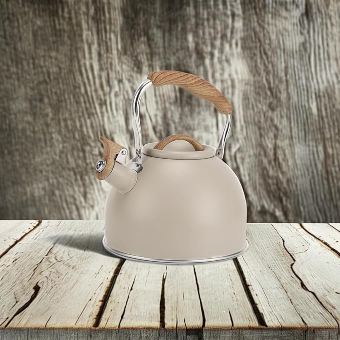 Tea Kettle, Vegoran 100 OZ / 3 Liter Whistling Tea Kettle, Tea Pots for Stove Top Food Grade Stainless Steel with Wood Pattern Folding Handle, Loud Whistle Kettle for Tea, Coffee, Milk (Milk White)