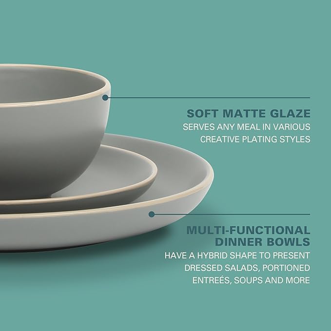 Gibson Home Rockaway 12-Piece Stoneware Dinnerware Set, Matte Finish, Service for 4, Modern Ceramic Plates and Bowls, Microwave & Dishwasher Safe – Soft Gray - Service for 4