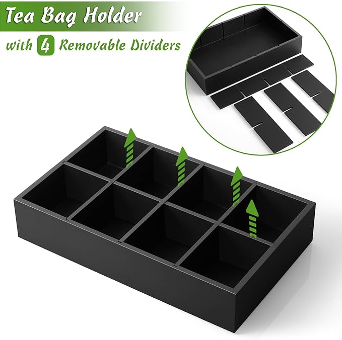 DRASTAR Tea Bag Organizer, Tea Box Organizer Storage Box, Wooden Tea Bag Holder, Tea Chest with 8 Compartments, Tea Caddy for Tea Bags Organizer, Black
