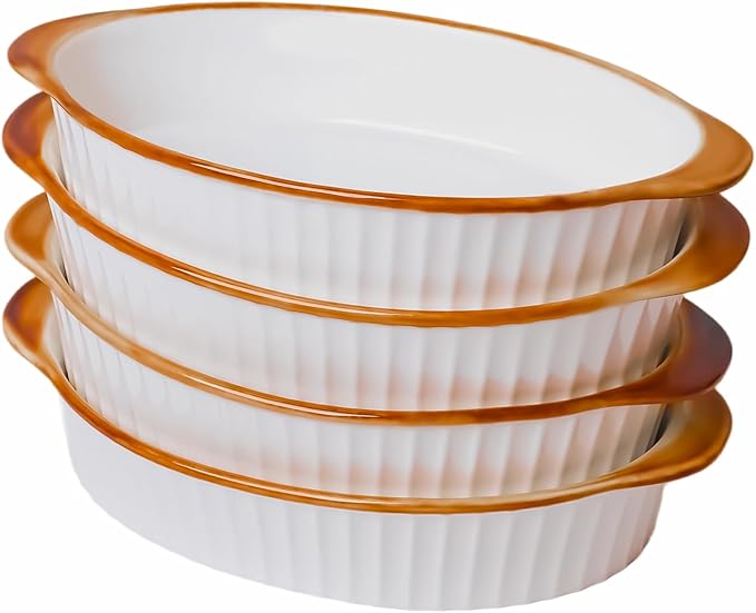 LEETOYI Porcelain Small Oval Au Gratin Pans,Set of 4 Baking Dish Set for 1 or 2 person servings, Bakeware with Double Handle for Kitchen and Home (White/Brown)