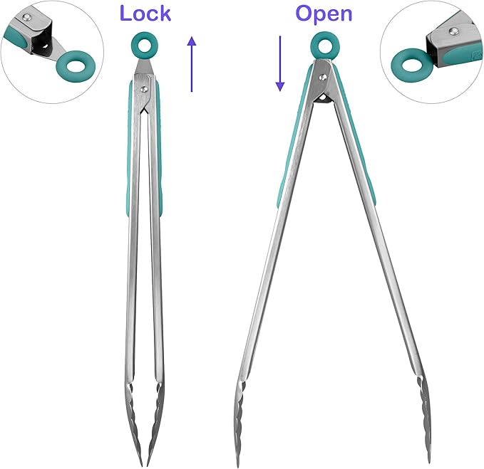 304 Stainless Steel Kitchen Cooking Tongs, 14" and 16" Set of 2 Sturdy Grilling Barbeque Brushed Locking Food Tongs with Ergonomic Grip, Aqua Sky