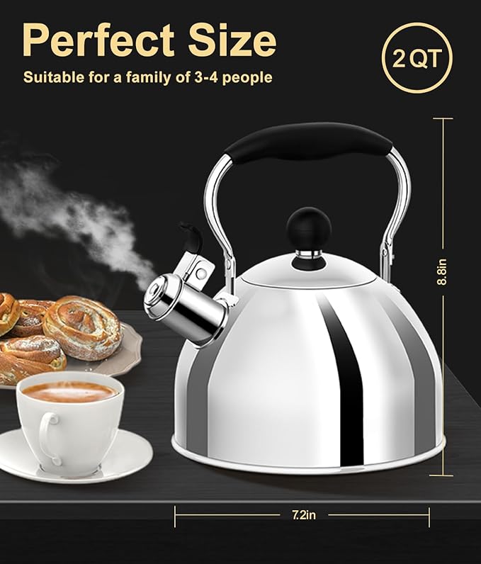 Whistling Tea Kettle for Stovetop, 2 Quart Small Tea Kettle for Tea and Coffee, 1.8L Food Grade Stainless Steel Tea Pot, Hot Water Kettle for Stove Top, Water Boilers (Stainless Steel)