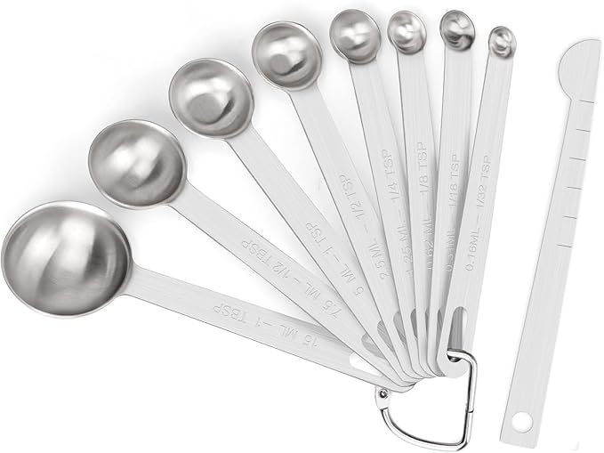 Upgrade 9 PCS Stainless Steel Measuring Spoons Set, Small Tablespoon, Teaspoons, Set 8 with Bonus Leveler for Dry and Liquid, Fits in Spice Jars, 1/32 1/16 1/8 1/4 1/2 1 tsp, 1/2 1 tbsp