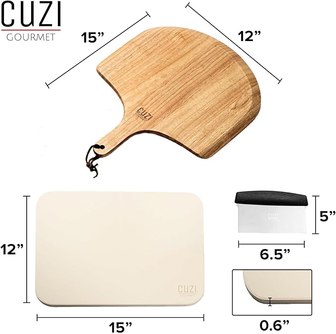 Cuzi Gourmet 3-Piece Pizza Stone Set - 15x12" Thermal Shock Resistant Cordierite Pizza Stone, 15x12" Natural Wood Pizza Peel & Pizza Cutter - Pizza Stone for Grill and Oven