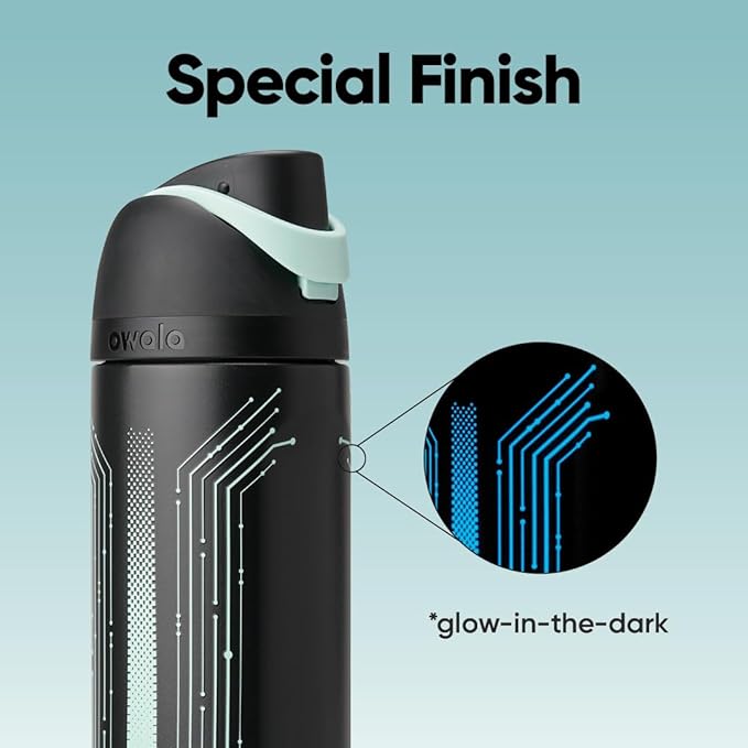 Owala TRON FreeSip Insulated Stainless Steel Glow in the Dark Water Bottle with Straw for Sports and Travel, BPA-Free, 24 oz, Black
