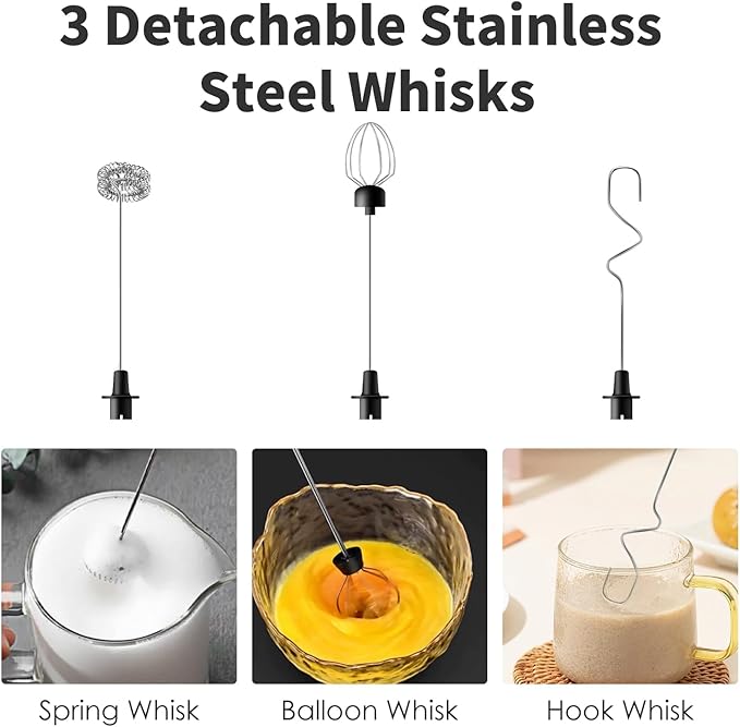 Rechargeable Milk Frother Handheld with 3 Detachable Stainless Steel Whisks, 3 Speed Adjustable Electric Whisk Foam Maker, Handheld Drink Mixer, Frother Wand for Coffee, with Storage and Charging Base