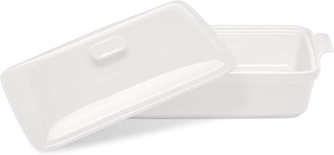ROSSALLINI Stoneware Casserole Dish Bakeware Set with Lid, Covered Rectangular Dinnerware, Large 3.2 Quart, 11 by 9 Inch, Bianco [White]