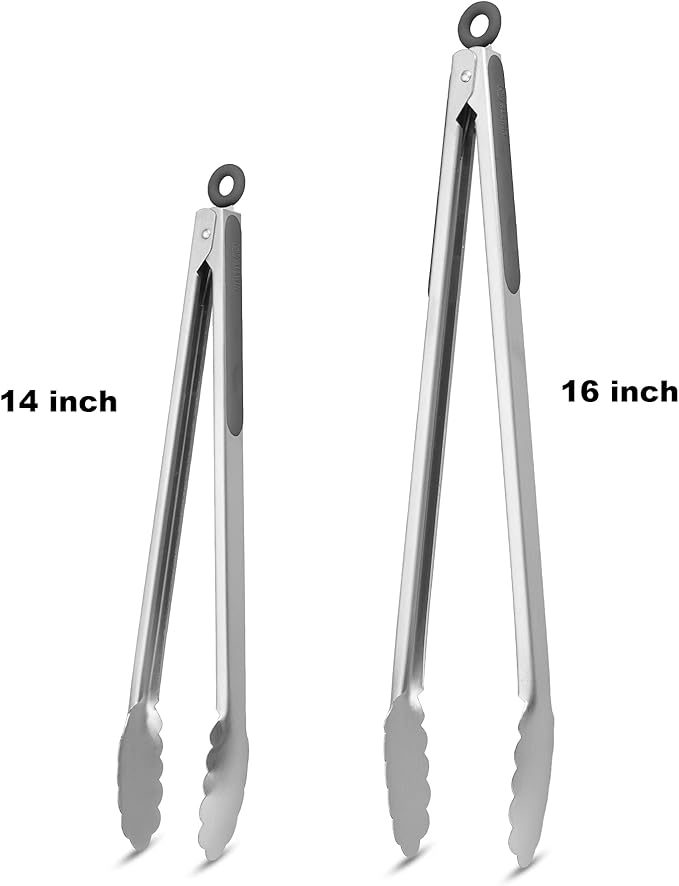 304 Stainless Steel Kitchen Cooking Tongs, 14" and 16" Set of 2 Sturdy Grilling Barbeque Brushed Locking Food Tongs with Ergonomic Grip, Grey