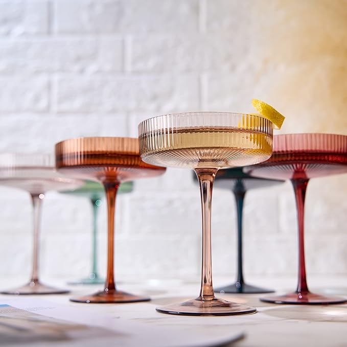 Colored Vintage Art Deco Coupe Glasses - Martini, Cocktail & Champagne Ribbed Glasses 7oz | Set of 6 | Cute Pastel Muted Crystal Cocktail Glassware, Goblet Cocktails, Stemmed Ripple Glassware Gift Box