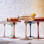 Colored Vintage Art Deco Coupe Glasses - Martini, Cocktail & Champagne Ribbed Glasses 7oz | Set of 6 | Cute Pastel Muted Crystal Cocktail Glassware, Goblet Cocktails, Stemmed Ripple Glassware Gift Box