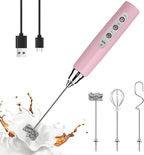 YUSWKO Pink Milk Frother Handheld with 3 Heads, Coffee Whisk Drink Foam Mixer with USB Rechargeable 3 Speeds, Electric Hand Frother for Latte, Cappuccino, Hot Chocolate, Egg