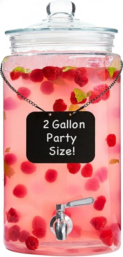 2 Gallon Glass Drink Dispenser with Spout for Parties - Tall Airtight Mason Style Beverage Serveware Stand with Metal Spigot for Kombucha, Water, Juice, Punch, Cocktails, Ice Tea & Sun Tea