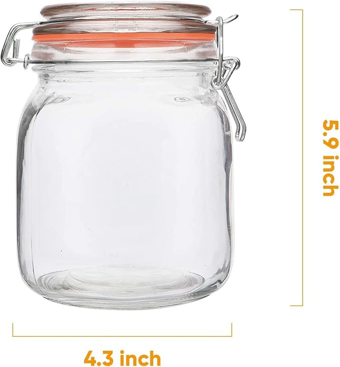 Encheng 32 oz Glass Food Storage Jars with Airtight Lids,Clear Airtight Canister with Leak Proof Rubber Gasket,1000 ml Square Large Mason Jars with Clamp Lids for Canning,Cereal,Beans,6 Pack