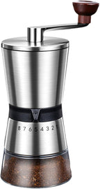 Ceramic Burr Manual Coffee Grinder with 8 Adjustable Coarseness Settings for Cold Brew Espresso Beans French Press Pour Over Drip Stainless Steel Hand Crank Coffee Mill for Home use or Travel Camping