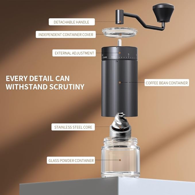 Hand Coffee Grinder Conical Burr for Espresso French Press Pour Over Double Bearing External Adjustment Capacity 25g (Stainless Steel Burr-Black)