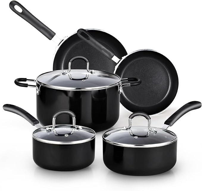 Cook N Home Pots and Pans Nonstick Kitchen Cookware Sets include Saucepan Frying Pan Stockpots 8-Piece, Heavy Gauge, Stay Cool Handle, Black