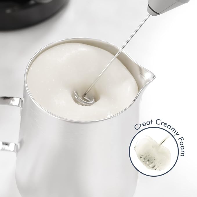 Powerful Milk Frother Handheld Foam Maker, Mini Whisk Drink Mixer for Coffee, Cappuccino, Latte, Matcha, Hot Chocolate, With Stand, Grey