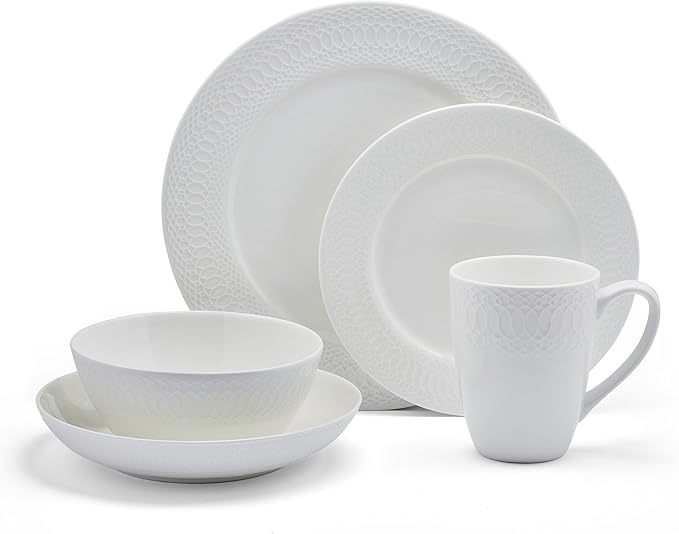 Mikasa Levi 40 Piece Bone China Dinnerware Set, Embossed Plates Bowls, Chip-Resistant, Lightweight, Elegant and Durable, Service for 8, White