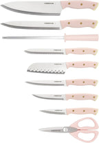 Farberware 15-Piece Triple Riveted Acacia Knife Block Set, High Carbon-Stainless Steel Kitchen Knives with Ergonomic Handles, Razor-Sharp Knife Set, Pink and Gold