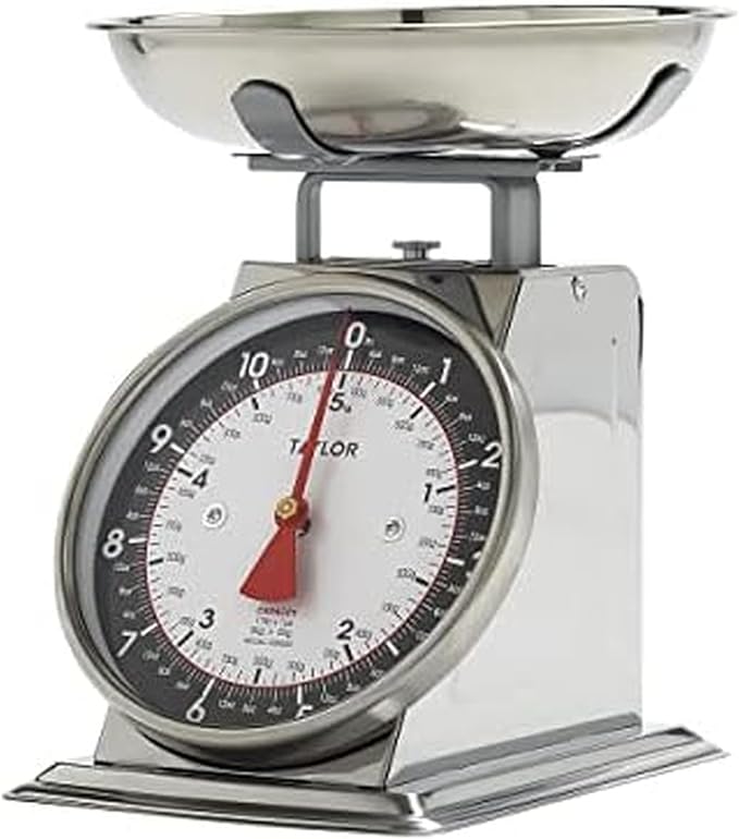 Taylor Mechanical Kitchen Food Scale with Bowl, Weighs Up to 11lbs, Measures in Grams and Ounces, Analog Cooking Scale for Baking, Black and Silver