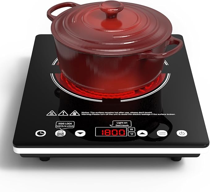 Electric Cooktop Single Burner Portable Stove 1800W 110v -120v Countertop Hot Plates Electric Plug in, Touch Control, Child Lock, 9 Power Levels Low Noise, 4 Hour-Timer Infrared Cooktop