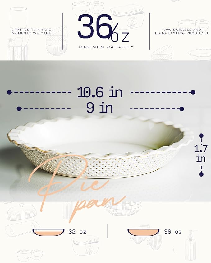 getstar Ceramic Pie Pan, 9 inch Pie Dish for Baking, Non-Stick, Oven & Dishwasher Safe, Farmhouse Decor Quiche Baking Dish, Pie Plate, Deep Dish Pie Pan (Embossed Dots)
