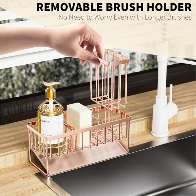 Cisily Sink Caddy Organzier with High Brush Holder, Sponge Holder for Sink, 304 Rustproof Stainless, Kitchen Countertop Soap Dispenser Organizer, Rose Gold Kitchen Decor and Accessories