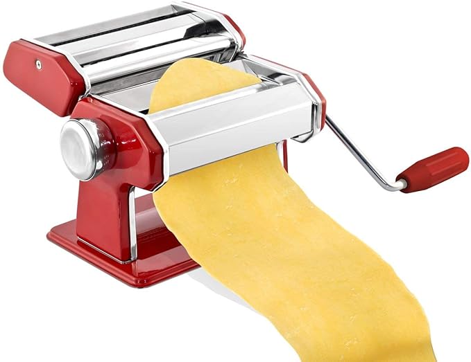 GOURMEX Stainless Steel Manual Pasta Maker Machine | With Adjustable Thickness Settings | Perfect for Professional Homemade Spaghetti and Fettuccini | Includes Removable Handle and Clamp (Red)