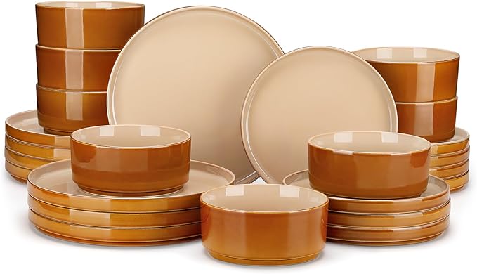 vancasso ONION Ceramic Plates and Bowls Sets, 24 Pieces Brown Dinnerware Sets for Kitchen, Reactive Glaze Dishes Set for 8, Dishwasher and Microwave Safe