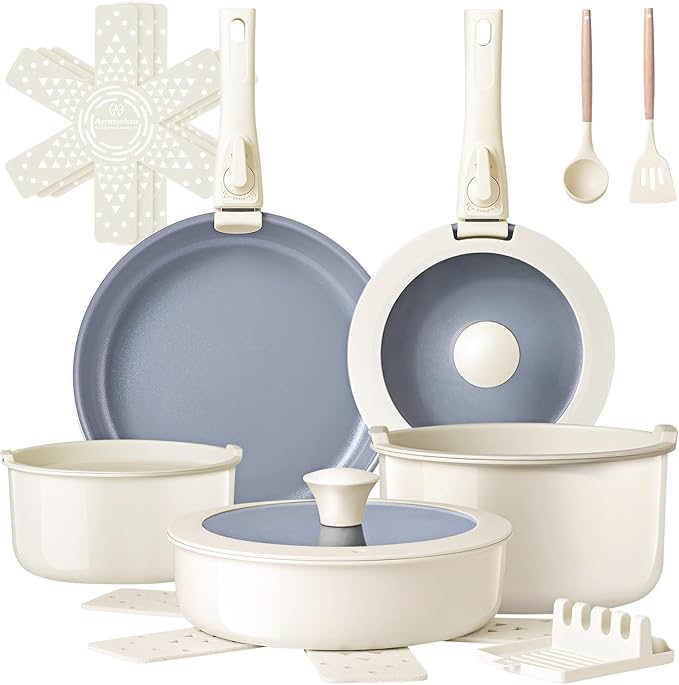 Ammeloo Ceramic Pots and Pans Set Non Stick, Non Toxic Cookware Set with Removable Handles, 18 Pcs Healthy Kitchen Cooking Set, Induction Ready, Dishwasher & Oven Safe, PFAS PFOA & PTFE Free