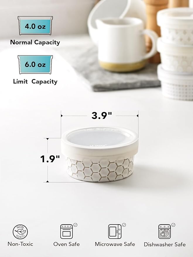 LE TAUCI Ramekins Oven Safe with Lids, 4 oz Charcuterie Boards Bowls Set for Creme brulee, Souffle, Dipping Sauces, Ceramic Food Storage Containers - 3.8 inch, Set of 4, Arctic White