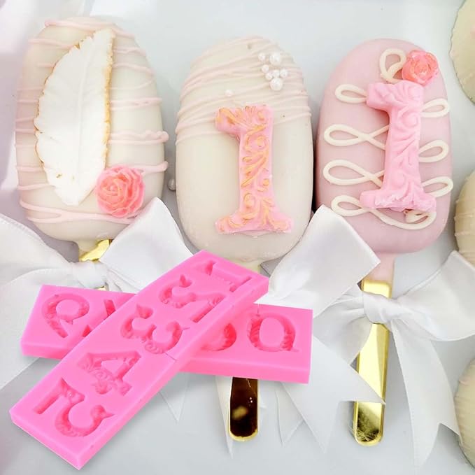OBTANIM Silicone Number 0-9 3D Embossed Fondant Chocolate Mold with Stick Hole for Birthday Cake Decorating DIY Baking
