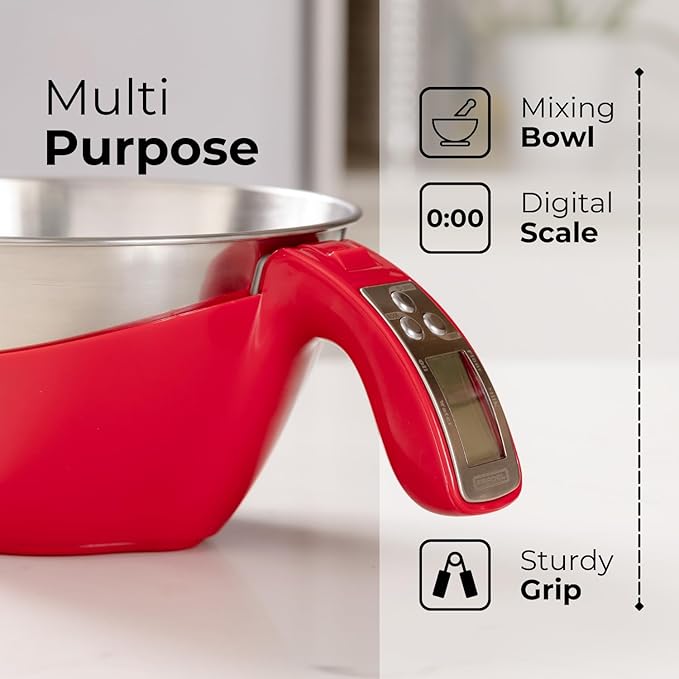 Fradel Digital Kitchen Food Scale with Bowl - 11lb, Grams & Ounces - Removable, Dishwasher-Safe Mixing Bowl - Red