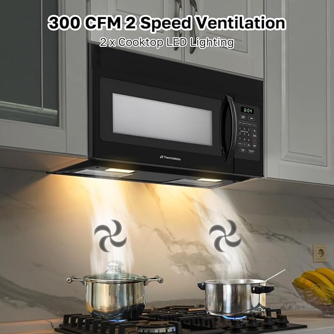 30" Over the Range Microwave Oven, ThermoMate 1.7 Cu. Ft. Capacity Microwave Over the Stove with One Touch, 1000 Cooking Watts, 300 CFM, 10 Power Levels, LED Lighting, Black