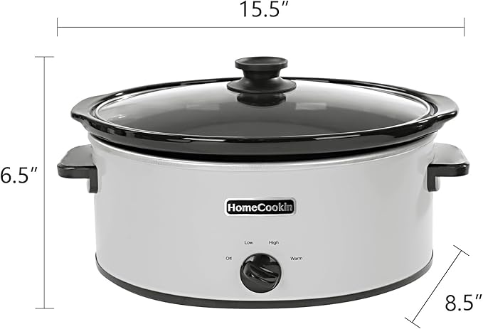 HOMECOOKIN 6 Quart Slow Cooker Oval Manual Pot Food Warmer with 3 Cooking Settings, White Stainless Steel