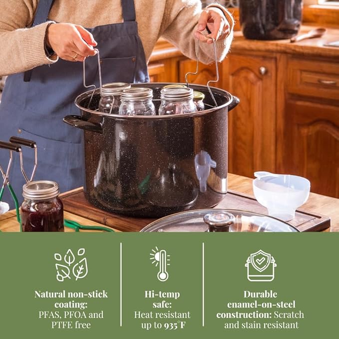 Granite Ware 21.5 Qt Heavy Gauge - 9 Piece water bath canning pot (Speckled Black) with canning toolset, rack and preserving kettle.