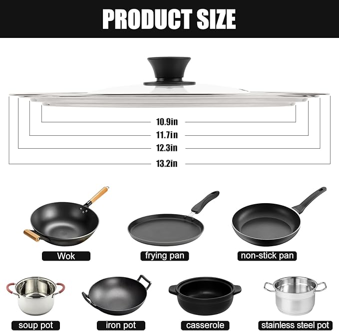 Pan Lid Fits 11, 12 & 13 Inch Cookware, Universal Lid for Pots, Pans and Skillets,Replacement Frying Pan Cover with Tempered Glass Top, Stainless Steel Cast Iron Skillet Lids - Heat Resistant Handle