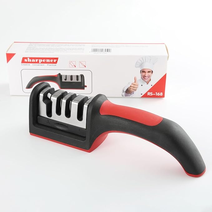 4-in-1 Kitchen Knife Sharpener, Professional Grade with Tungsten Steel and Ceramic Slots, Scissor Sharpening, Black/Red