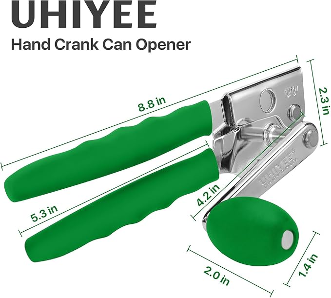 Commercial Can Opener, UHIYEE Hand Crank Can Opener Manual Heavy Duty with Comfortable Extra-long Handles, Oversized Knob, Large Handheld Can Open Easy for Big Cans, Green