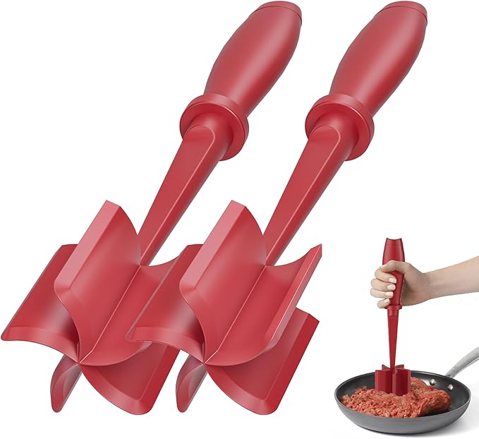2 Pcs Meat Chopper, Upgrade Hamburger Grinder, Premium Heat Resistant Meat Masher for Ground Beef, Ground Turkey and More, Non Stick Mix Chopper, Hamburger Smasher Safe-Red