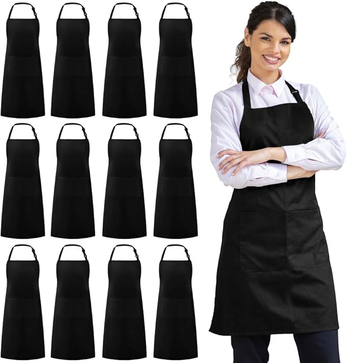 Syntus 12 Pack Bib Apron, Unisex Aprons Adjustable Thicker Version Waterdrop Resistant with 2 Pockets Cooking Kitchen Aprons for Women Men Chef, BBQ Drawing Apron Bulk, Black